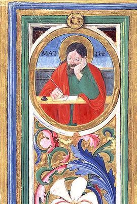 Ms 542 f.3v St. Matthew writing the first gospel from a psalter written by Don Appiano from the Chur