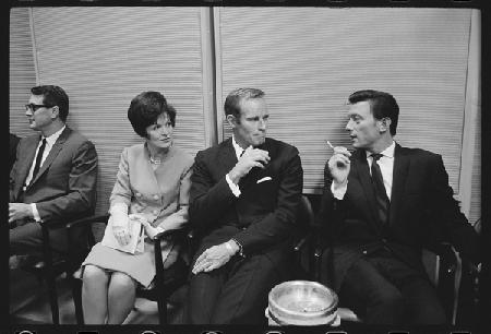 Rock Hudson, Charlton Heston, Laurence Harvey waiting to meet Princess Margaret