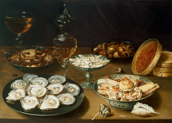 Still life with oysters, sweetmeats and roasted chestnuts from Osias Beert I.