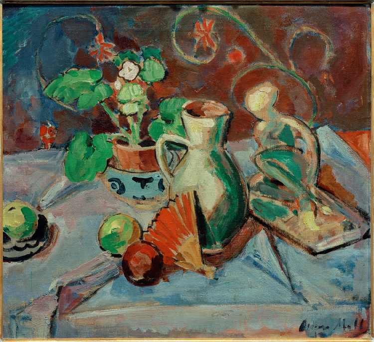 Still life with a white pitcher, plastic, fans and oranges from Oskar Moll