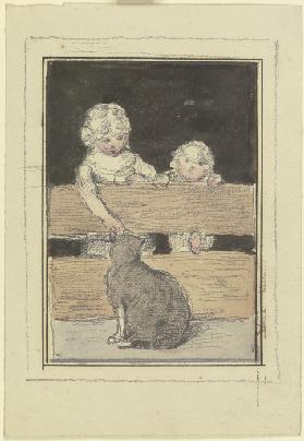 Zwei Kinder am Zaun mit einer Katze