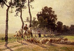 Schafhirte mit Herde beim Schwatz mit einem berittenen Bauern from Otto Strützel