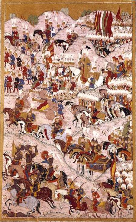 TSM H.1524 'Hunername' manuscript: Suleyman the Magnificent (1494-1566) at the Battle of Mohacs in 1 from Ottoman School