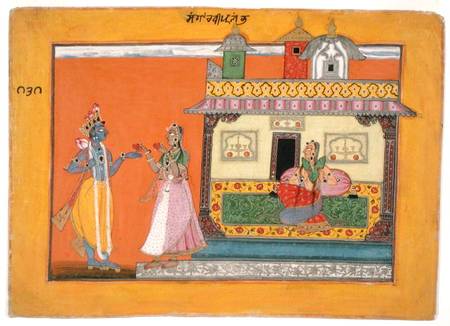 Krishna arriving at Radha's house, illustration from a manuscript of the 'Rasamanjari' of Bhanudatta from Pahari School