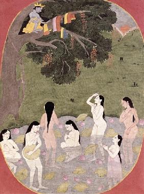 Krishna with the Cow Girls'' clothes, Tehri-Garhwal, c.1820-30