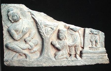 Detail of a relief frieze depicting a seated Buddha with orants, Greco-Buddhist style, from Taxila, from Pakistani School