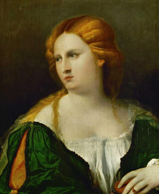 Junge Frau in grünem Kleid mit einer Schachtel in der Hand from Palma il Vecchio (eigentl. Jacopo Negretti)