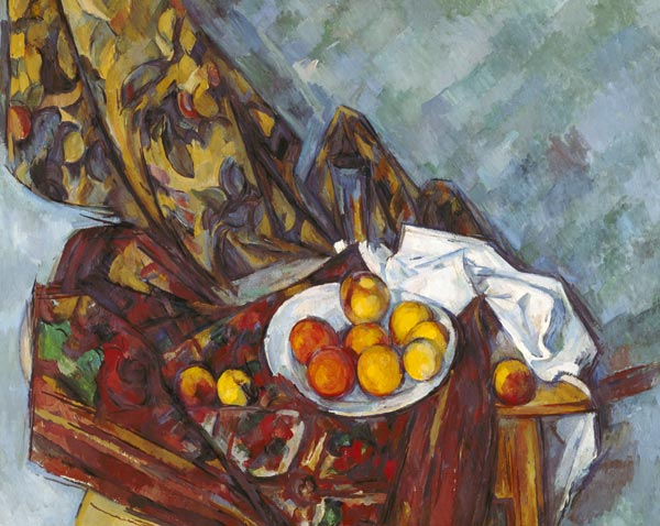 Stillleben mit geblümtem Vorhang und Obstschale from Paul Cézanne