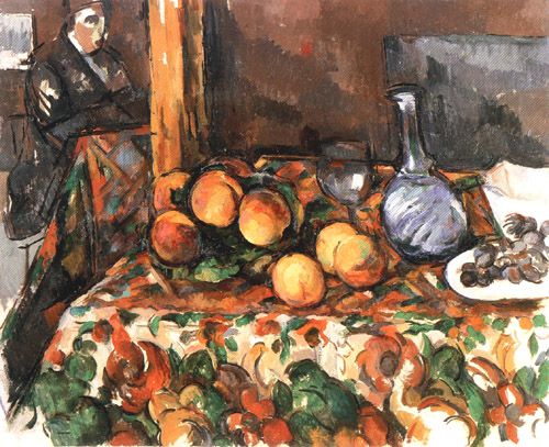 Stilleben mit Pfirsichen, Karaffe und Figur from Paul Cézanne