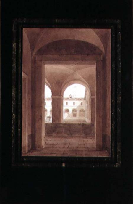 View of a Cloister with a Fountain (sepia w/c on paper) from Paul Emile Detouche