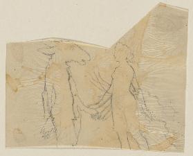 Oberkörper von Titania, die Arme nach vorn gestreckt, und von Nick Bottom mit Eselskopf, einen Arm n
