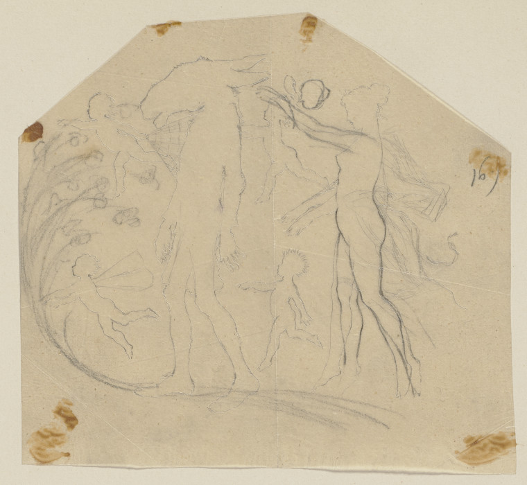 Titania, unbekleidet und mit hochgestecktem Haar, und Nick Bottom mit Eselskopf, gehend, begleitet v from Paul Konewka