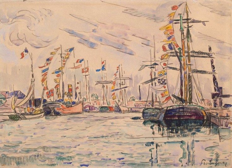 Sailboats with Holiday Flags at a Pier in Saint-Malo from Paul Signac