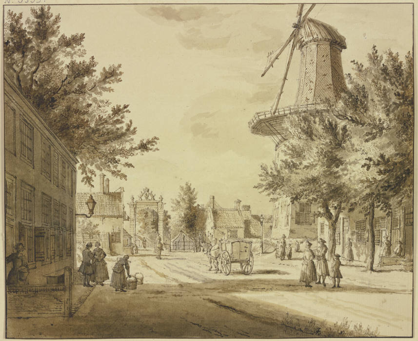 Straßenansicht bei einem Stadttor, rechts eine Windmühle from Paulus Constantijn la Fargue