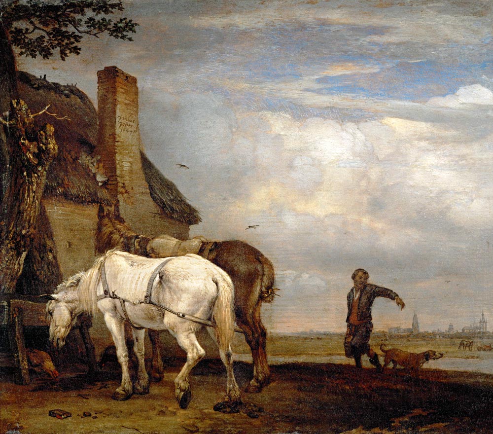 Two horses outside a farmhouse from Paulus Potter