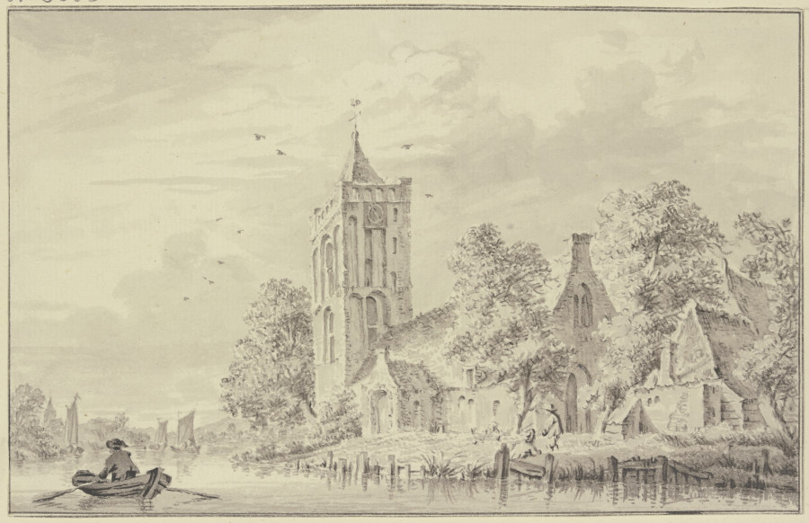 Dorfkirche am Wasser, links rudert ein Mann einen Kahn from Paulus van Liender