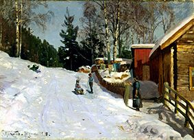 Spielende Kinder auf verschneiter Dorfstrasse from Peder Moensted