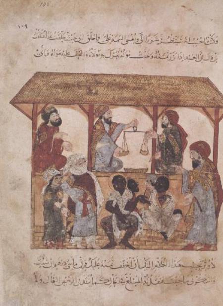 Ms. Ar 5847 f.105 A Slave Market, from 'Al Maqamat' The Meetings) by Al-Hariri from Persian School