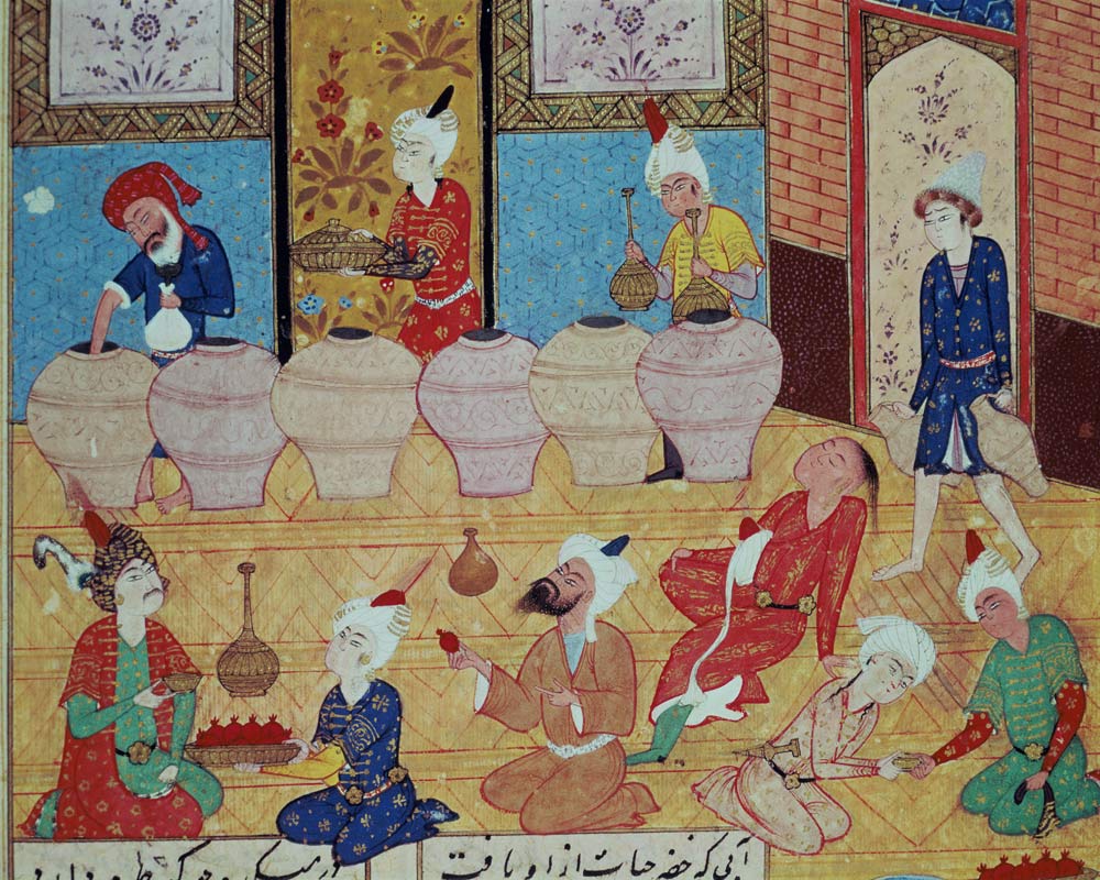 Fol.33v, Detail of a banquet with musicians, from a book of poems Hafiz Shirazi (c.1325-c.1388) 1554 from Persian School
