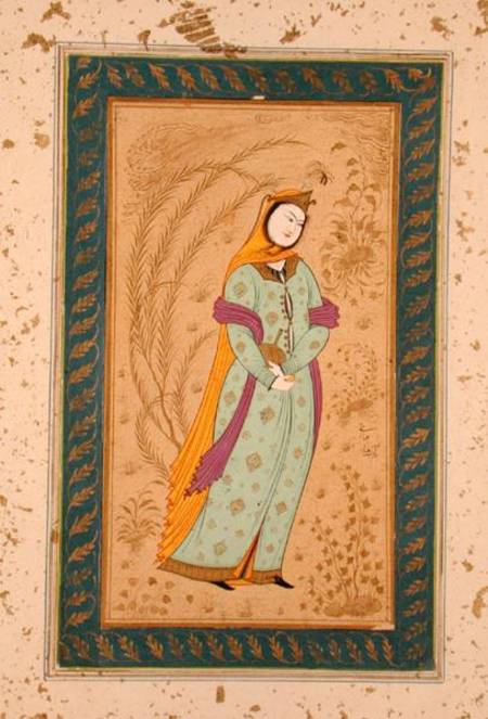 Girl holding a wine vessel and a pear, from the Large Clive Album from Persian School