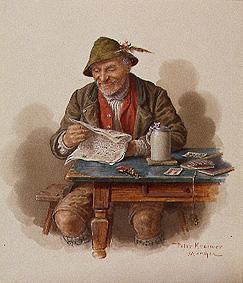 Alter Bauer in roter Weste beim Zeitunglesen