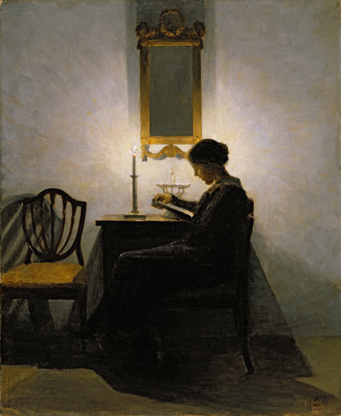 Woman reading by candlelight from Peter Vilhelm Ilsted