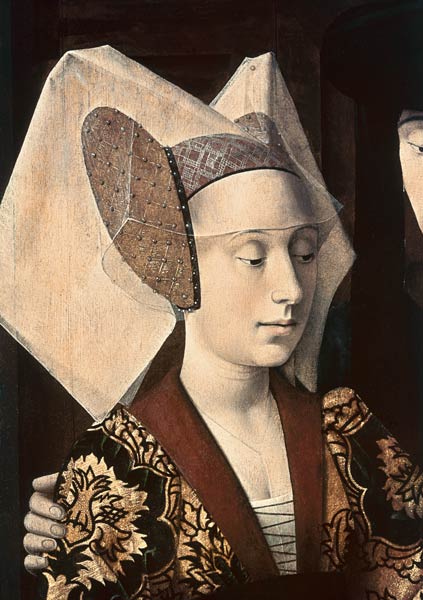 St. Eligius (c.588-660) as a goldsmith showing a ring to the engaged couple, detail of the fiancee from Petrus Christus