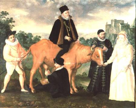 Portrait of Philip II (mounted on a cow), the Duke of Alencon, the Duke of Alba, William of Orange a from Philip Moro