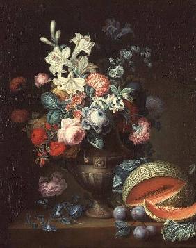 Still life of flowers in a classical vase with a cut melon, 1768 (one of a pair
