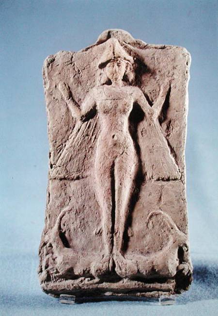 Plaque depicting a winged goddess, possibly Ishtar, standing on two ibexes, from Ras Shamra (Ugarit) from Phoenician