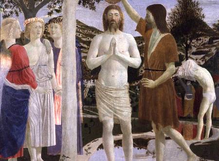 Baptism of Christ, detail of Christ, John the Baptist and angels from Piero della Francesca