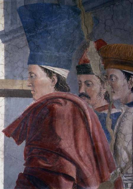 The Legend of the True Cross, the Verification of the True Cross, detail of three male attendants from Piero della Francesca