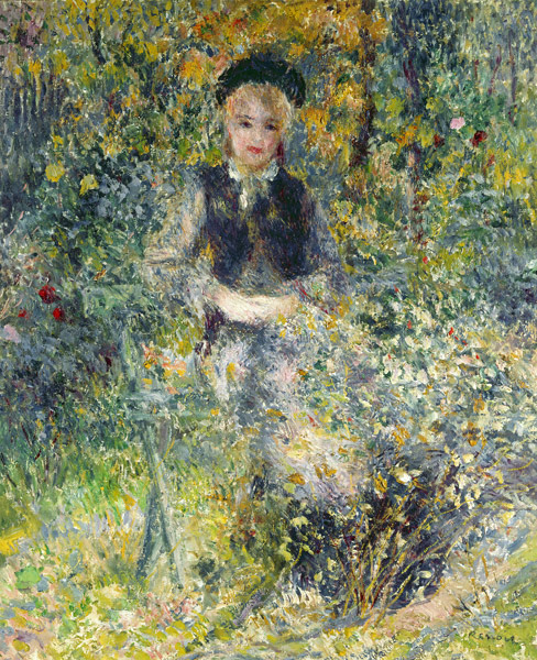 Junges Mädchen auf einer Gartenbank. from Pierre-Auguste Renoir