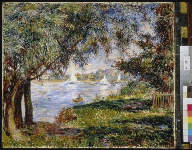 Blick durch Bäume auf Segelboote in Bougival from Pierre-Auguste Renoir