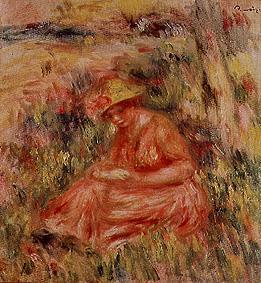 Junge Frau mit Hut in einer rötlichen Landschaft. from Pierre-Auguste Renoir