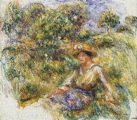 Frau mit blauem Hut auf einer Wiese (Femme en bleu en chapeau assise sur l'herbe)