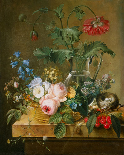 Rosen, Anemonen in Glasvase, andere Blumen, Kirschen und Vogelnest from Pierre Joseph Redouté