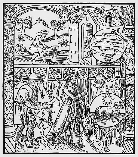 March, fishing and pruning trees, Pisces, illustration from the ''Almanach des Bergers'', 1491 (xylo from Pierre Le Rouge