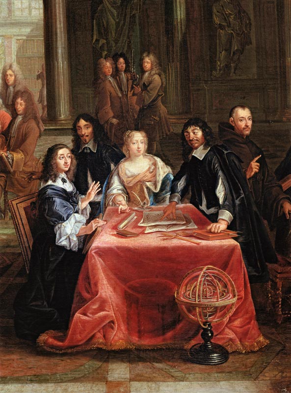 Christina of Sweden (1626-89) and her Court: detail of the Queen and Rene Descartes (1596-1650) at t from Pierre-Louis the Younger Dumesnil