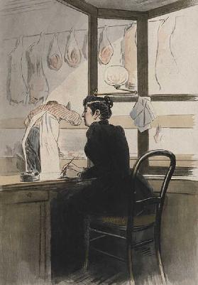 Die Kassiererin beim Metzger, Illustration aus La Femme a Paris von Octave Uzanne (1851-1931) 1894