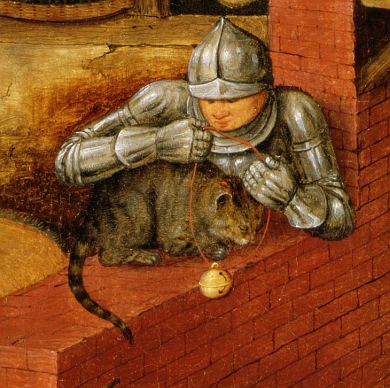 Knight putting a bell on a cat, detail from ''The Flemish Proverbs'' (detail of 67235) from Pieter Brueghel d. J.