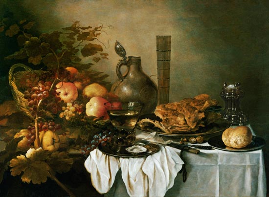 A Still Life With A Roemer, Oysters, A Roll And Meat On Pewter Plates, Fruit In And Around A Basket, from Pieter Claesz