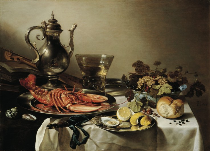 Table with lobster, silver jug, big Berkemeyer, fruit bowl, violin and books from Pieter Claesz