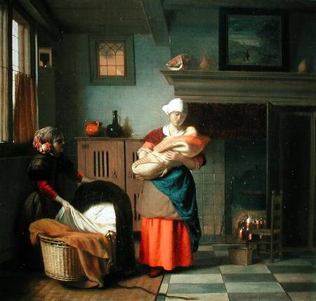 Nursemaid with baby in an interior and a young girl preparing the cradle from Pieter de Hooch