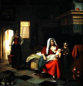 An interior with a Mother and her Children (oil on canvas)