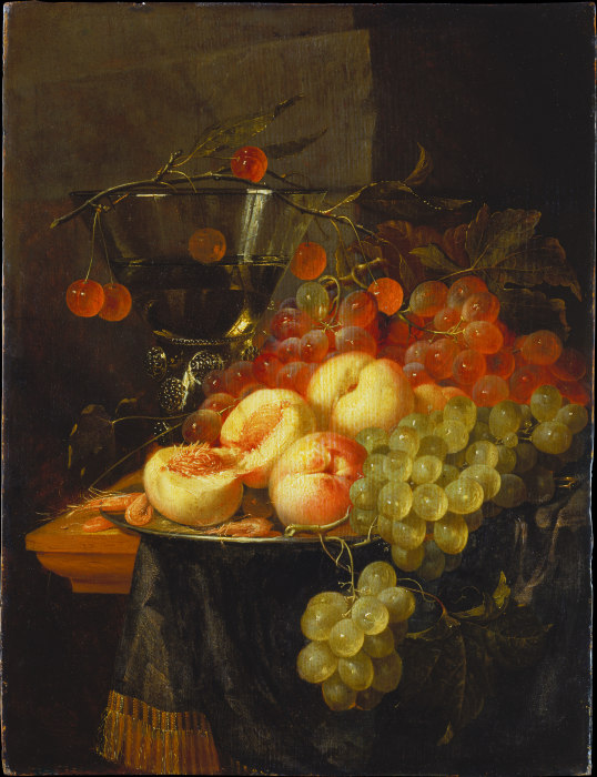 Stillleben mit Früchten und einem Kirschzweig über einem Berkemeyer from Pieter de Ring