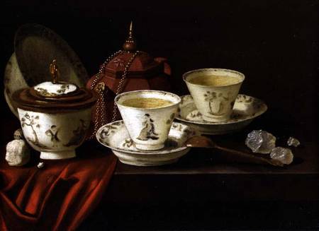 A Yixing Teapot and a Chinese Porcelain Tete-a-Tete on a Partly Draped Ledge from Pieter Gerritsz. van Roestraten