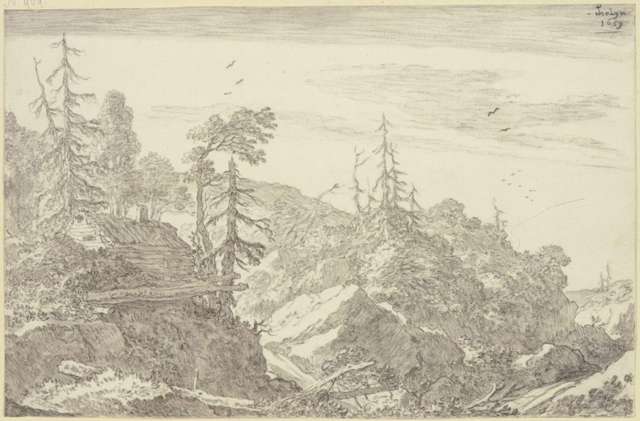 Felsige Gebirgsgegend mit Tannen, links auf einem Felsen ein Holzhaus from Pieter Molyn d. Ä.