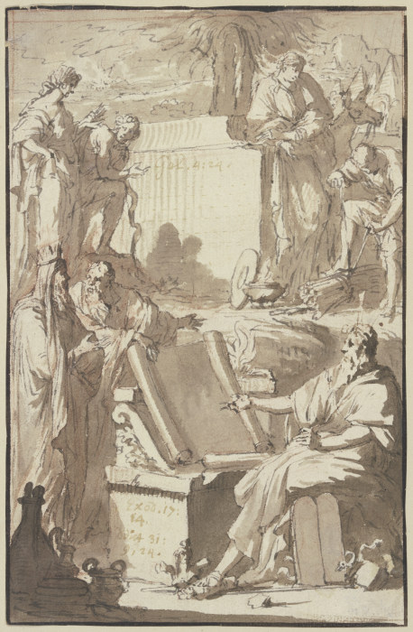 Titelblatt, oben das Motiv der arkadischen Hirten Poussins, unten rechts Mose from Pieter Tanjé