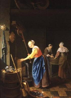 A Kitchen Scene with a Maid Drawing Water from a Well